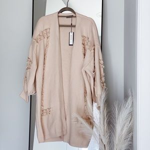 Long Fringe Cardigan in Beige